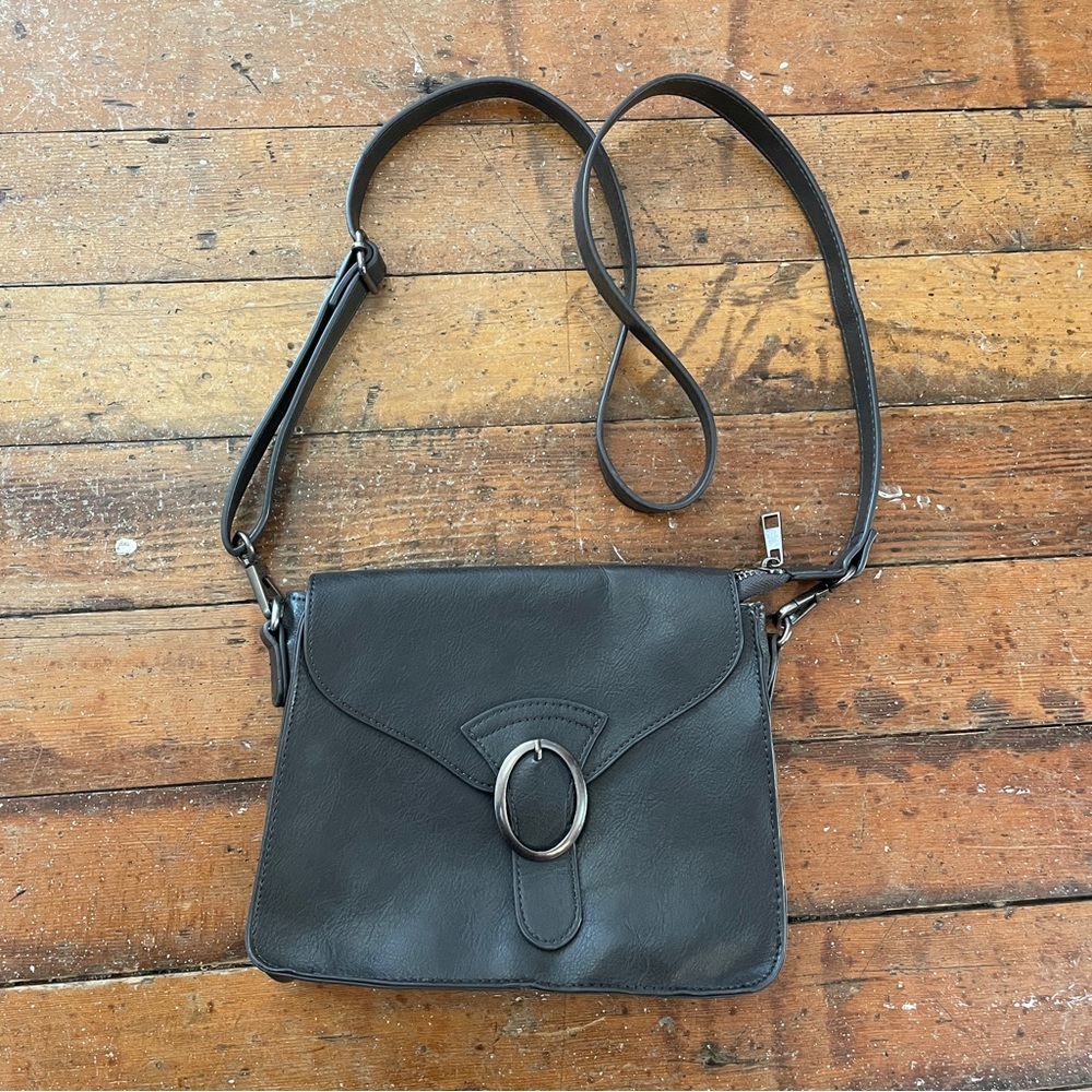 Joy Susan vegan faux black gray leather buckle crossbody purse